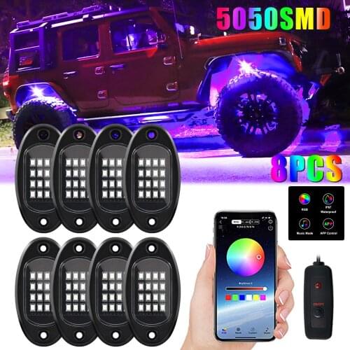 8Pcs LED RGB Underbody Light Bluetooth-compatible Wireless Rock Lamp Off-Road Truck Boat APP Control Decorative Ambient Light