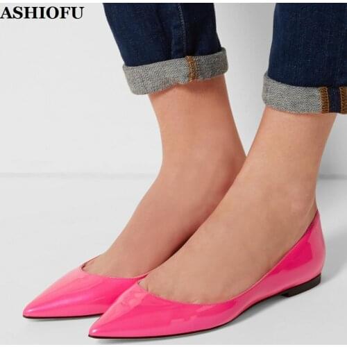 ASHIOFU New Style Handmade Womens Flats Shoes Shinny Bright Leather Ballets Boat Shoes Slip-on Evening Daily Wear Fashion Flats