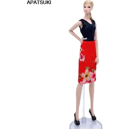 Black Vest Red Floral Flower Dress Fashion Doll Clothes For Barbie Doll Outfits Short Dresses Party Gown 1/6 Dolls Accessories
