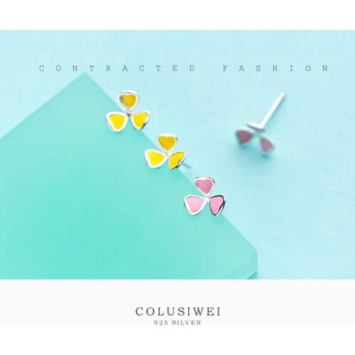 Colusiwei 100% Real 925 Sterling Silver Clover Stud Earrings For Women Yellow Pink Enamel Flower Earrings Fashion Jewelry