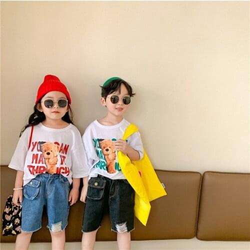 Childrens Clothing 2021 Summer New Baby Girls Boys T Shirts Cartoon Letter Print Cotton T-shirt For Toddler Kids Cute Bear Tees