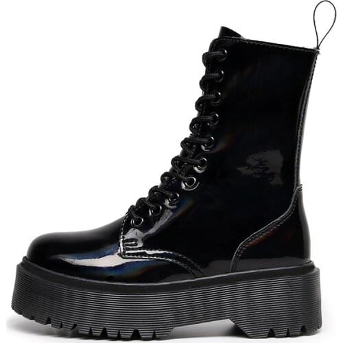 Fashion Patent Leather Gothic 10 Holes Black Boots Women Chunky Heel Platform Boots Punk Motorcycle Boots for Women Shoes 43