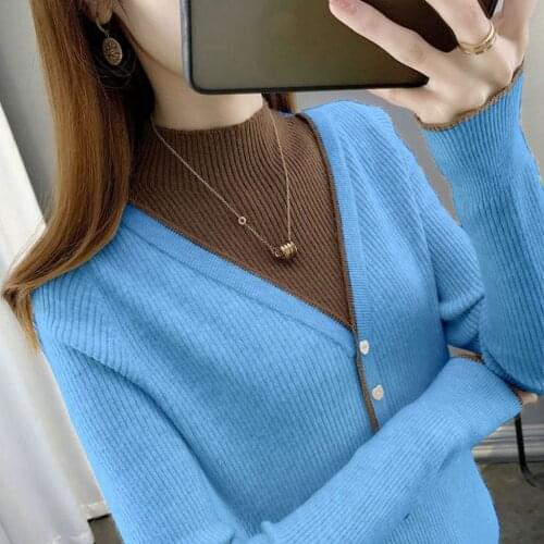 Fashionable New Style Womens Half High Collar Fake Two Piece Sweater Autumn And Winter Stitching Coat Lady Versatile Sweater