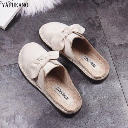 Mori Girl Retro Literary Semi Slippers Handmade Soft Sole Outdoor Slides Sweet Butterfly-Knot Flat Mules Slippers Casual Flats