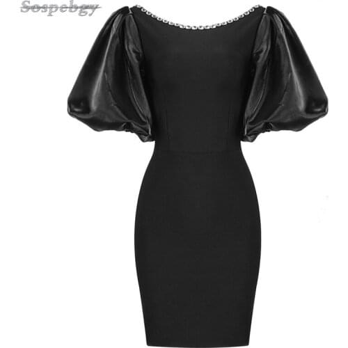 2021 Summer New Style Womens Black Bodycon Mini Bandage Dress Fashion Bead Fan Bubble Short Sleeve Sexy Celebrity Party Dress