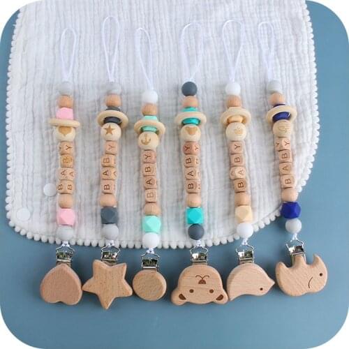 Personalized Name Animal Beech Wooden Pacifier Clip Holder Nipple Holder for Infant Baby Pacifier Leash Strap