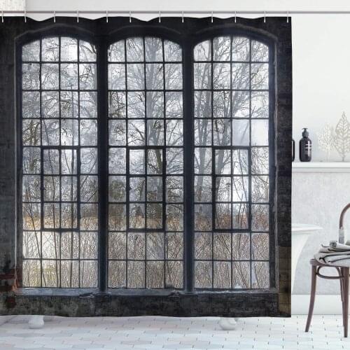 Industrial Shower Curtain Old Large Window with Broken Panes Deserted Hall Forest Trees Winter Bathroom Decor Set with Hooks 84"