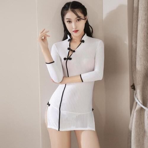 Vertical Striped Chinese Style High Split Transparent Hot Dress Sheer See Through Package Hip Minifalda Erotic Babydoll Vestidos