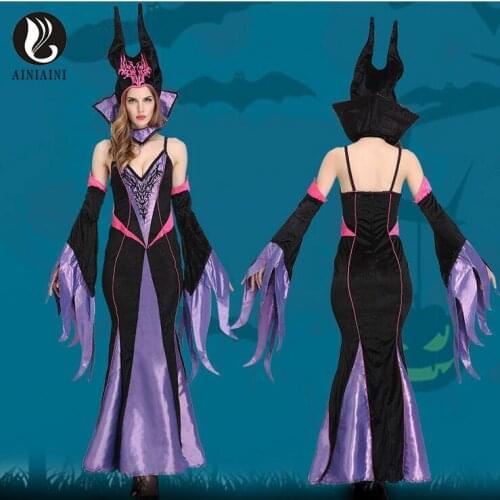 Sexy Witch Costumes Deguisement Retro Mysterious Halloween Fantasias Femininas Purple Zipper Longsleeves Dirndl Fast Sale T1066