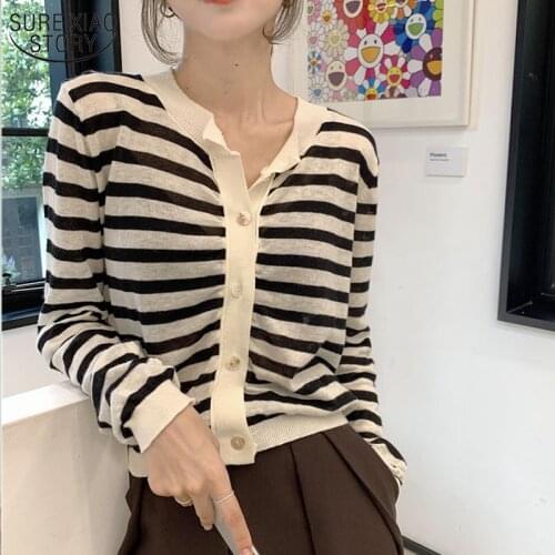 Spring New Loose Thin O-Neck Short Coat Female College Style Striped Cardigan Thin Tops Korean Knitted Wild Blouse Women 12896