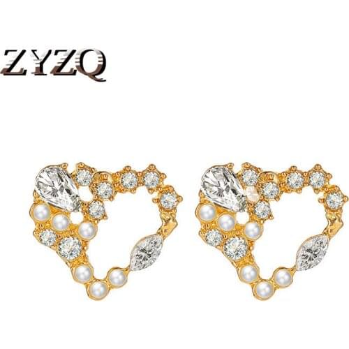 ZYZQ S925 Korean Love Earrings For Women Sweet Imitation Pearl Crystal Stud Earrings Fashion Cocktail Party Earrings