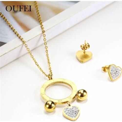 OUFEI Golden Stainless Steel For Women crystal Jewelry Sets Heart Necklace Set Of Earrings Vogue 2019 Jewellery Accessories