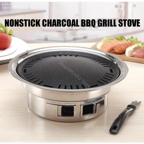 Nonstick Charcoal BBQ Grill Korean Style Camping Pit Steak Barbecue Stove Set Stainless Steel Kitchen Accessories Tool 35cm