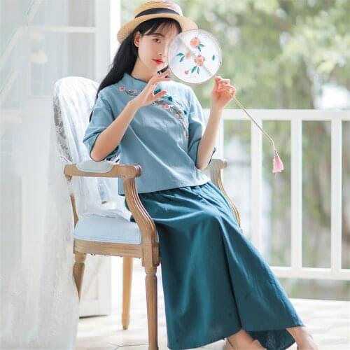 Woman Traditional Chinese Clothing Sets Retro Embroidery Half Sleeve Hanfu Spring Women Elegant Oriental 2 Pieces Tang Suit