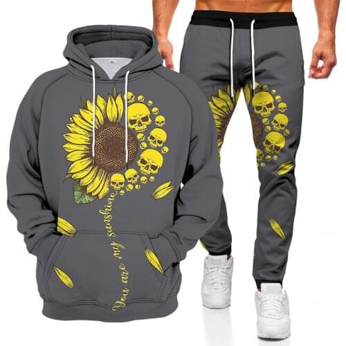 2 pieces of mens fashion sweatshirt 3D skull print cloth suit hooded sweater casual sports home suit sports pants suit men