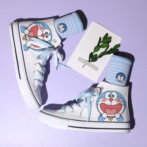 Spring Autumn Anime Doraemon White Canvas Shoes Woman Man Couples Casual Sneakers Boy Girl Student High Top Sports Shoes