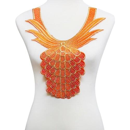 5piece Beaded Rhinestones Orange Gold Lace Neck Collar Peacock Tail Iron on Patches Embroidery Pattern Applique Clothes T2031