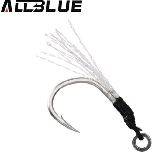 ALLBLUE 6pcs/lot Metal Jig Tail Assist Hook Short PE Line Feather Solid Ring Jigging Spoon Saltwater for 10-60g Fishing Lure