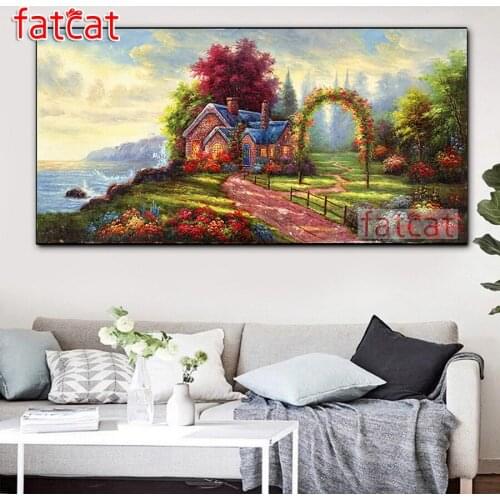 FATCAT Seaside Garden Cottage Large Diy Diamond Painting Full square round drill 5d Diamond Embroidery Kit Mosaic Art AE2654