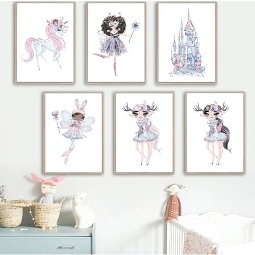 Wall Art Canvas Painting Girl Unicorn Castle Elves Magic Wand Nordic Posters And Prints Wall Pictures Kids Room Nursery Decor