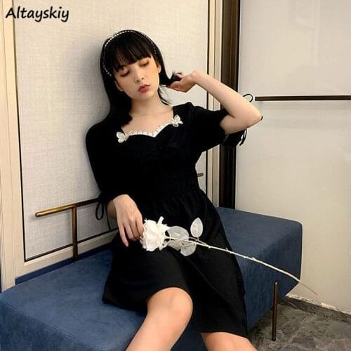 Dresses Women Vintage Ulzzang Summer Students Streetwear Female Mujer De Moda Casual BF All-match Stylish Square Collar Vestidos