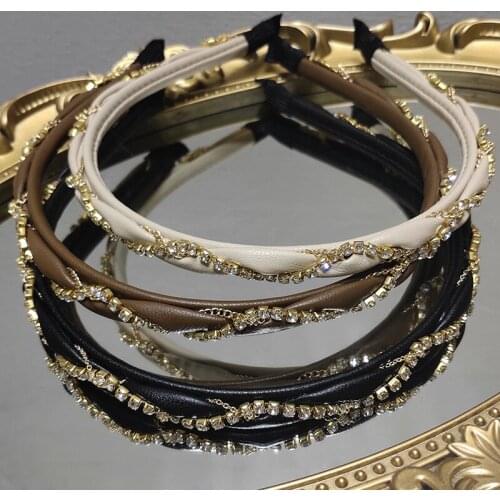 3 Color Hair Band Leather Texture Rhinestone Metal Chain Woven Twist Headband Simple Headwear Accessories Beauty Styling