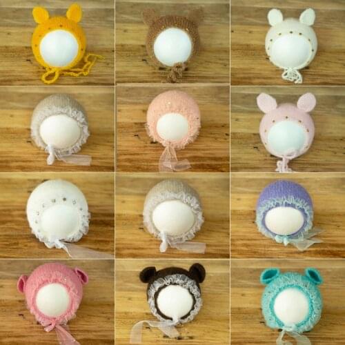 Dvotinst Baby Newborn Photography Props Cute Ears Hats Lace Bonnet Knitted Fotografia Accessories Studio Shoots Photo Props Gift