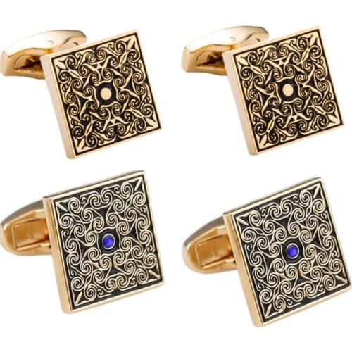 10pairs/lot Gold Square Rose Flower Cufflinks With Blue Crystal Retro Business Cuff Links Mens Jewelry Accessory Wholesale