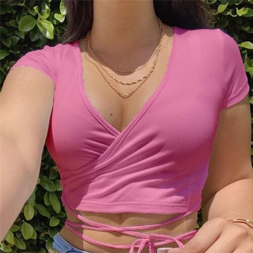 2020 Summer Solid V Neck T Shirts Women Short Sleeve Short Tops Crop Tops Ladies Casual Tops Tees Female Shirts White Pink