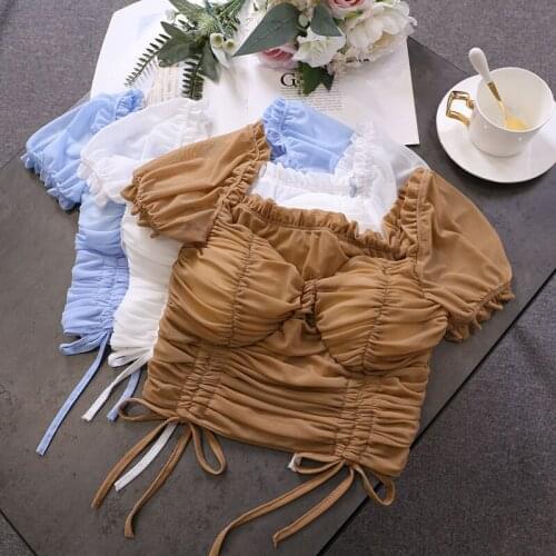 Women Sexy Cropped Shirt Summer Vintage Puff Sleeve Fashion Drawstring Pleated Crop Tops laides Club Party Blouse Tops