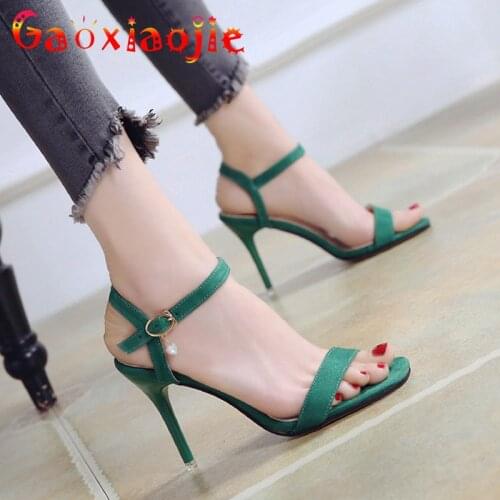 Gaoxiaojie Sexy One Word Band High-Quality Flock Summer Sandals Concise Women 10.5CM Water Drill Buckle Super High Heel Shoes
