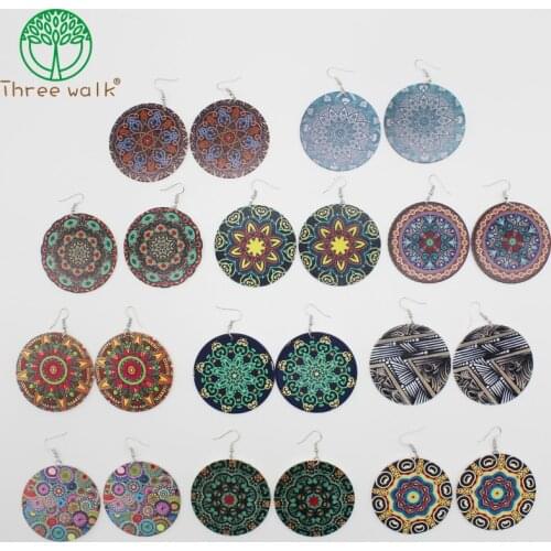 1Pair Bohemia Wood Earrings Collections Printed Flower Pattern Handmade Dangle Earrings For Women
