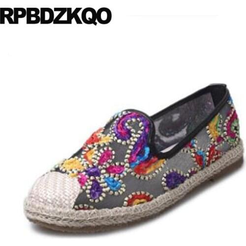 Women Hemp Breathable Embroidery Loafers Chinese Embroidered Shoes Slip On Ethnic Rope Flats Espadrilles Round Toe Mesh Retro
