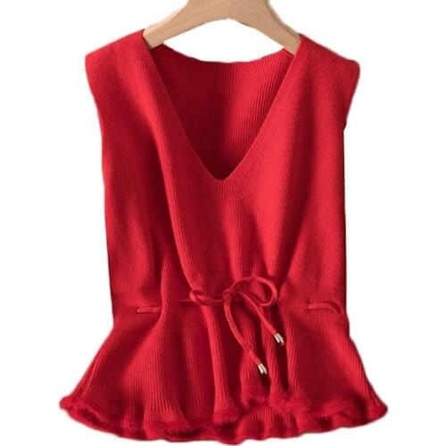 V-neck Waist Tie Knit Vest Women Sweater Pullover New Solid Sleeveless Pull knitted Sweater Vest Jacket Female Waistcoat Tops