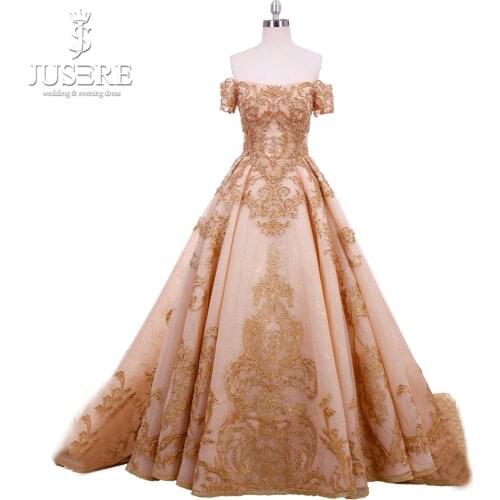 Train Zipper Back Middle East Elegant Box Pleat Appliques Bead Side Sleeves Golden Evening Haute Couture Dress 2018