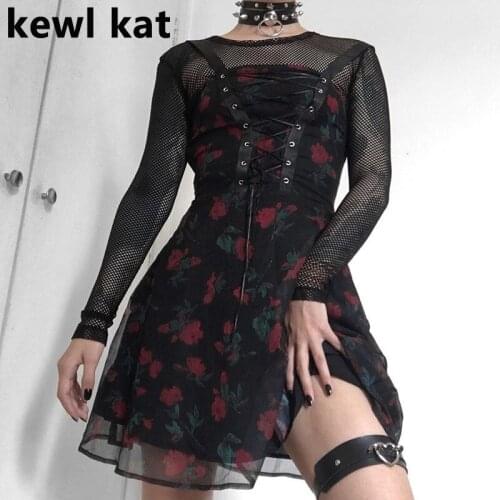 Sexy Goth Dress Vintage Print Floral Lace Up Spaghetti Strap Dress Women Sleeveless High Waist Mini Dress Punk Party Vestidos