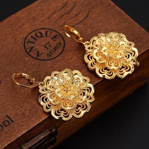 African Arab Dubai flower Earrings Gold Color Jewelry Ancient Coins Vintage Accessory for Women Girls kids party jewelry gift