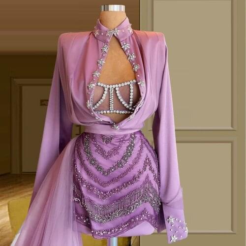 Sparkly Crystal Beaded Cocktail Dress With Train Purple Long Sleeve Blouse and Short Skirt Fashion Celebrity Party Prom Dress