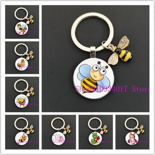 Cute Animal Bee Be Happy Glass Cabochon Keychain Key Chain Encourage Keychain Key Ring Women Men Pendant Gifts