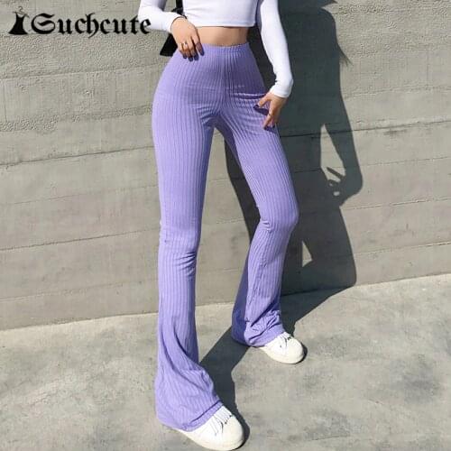 SUCHCUTE Purple Women Slim Knitted Pants 2020 Y2k High Waist Flare Trousers Streetwear Korean Style Female Joggers 90s Outfits