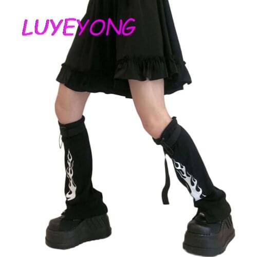 Black Cool Goth Woman Fire Print Socks 2020 Lady Punk Ribbon Plastic Adjustable Buckle Knee Leg Warmer Gothic Outdoor Rock Sock