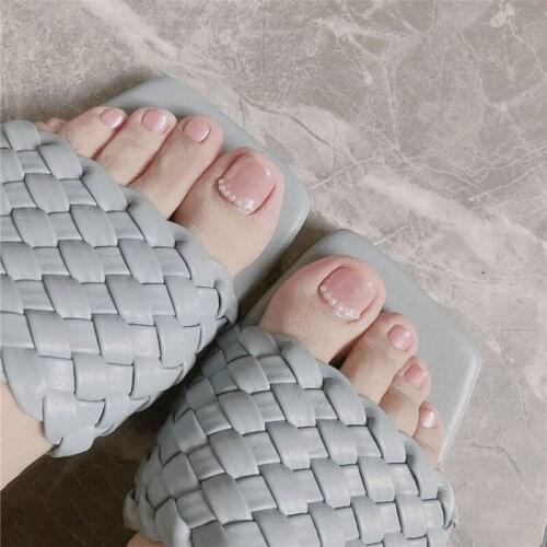 Golden pink pure color with pearl 3d decorated false nails for toe 24pcs with glue short summer toe nails Ins bride nail tips