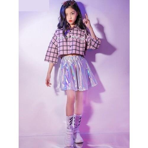 Kids Hip Hop Dancing Clothes Plaid Shirt For Girls Jazz Dance Costumes Long Sleeve Children Street Dance Clothing Stage Outfits
