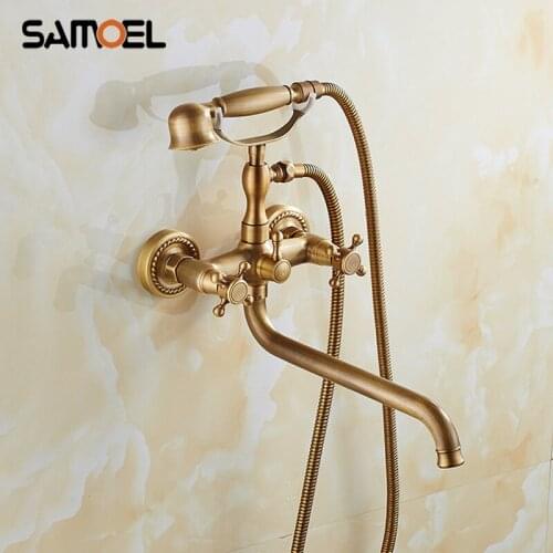 Europe Style Antique Brass Bath Shower Faucet Set Wall Mount Bathtub Mixer Tap with Long Water Spout SF1057