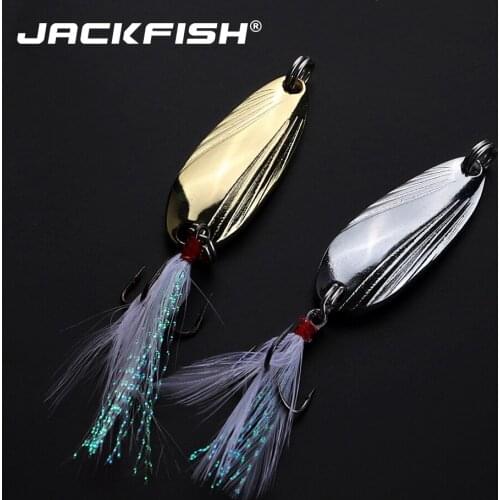 JACKFISH Metal Spinner Spoon Lure Silver/Gold 3-13g Hard Baits Sequins Noise Paillette with Feather Treble Hook fishing Tackle
