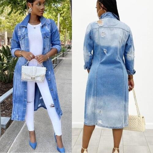 KALENMOS Ripped Jean Coat Women Vintage Slim Long Denim Jacket Long Sleeve Streetwear Coats and Jackets Plus Size Clothes 2021