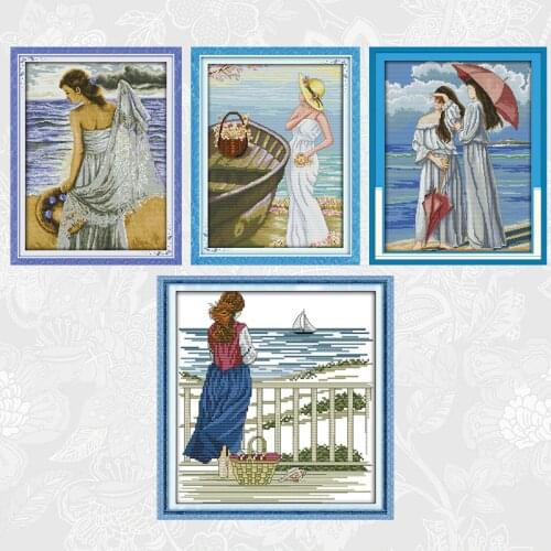 Joy Sunday Cross Stitch Pattern Seaside Girl Printed on Fabric Cross-stitch 11CT 14CT DIY Handmade Embroidery Needle Thread Sets