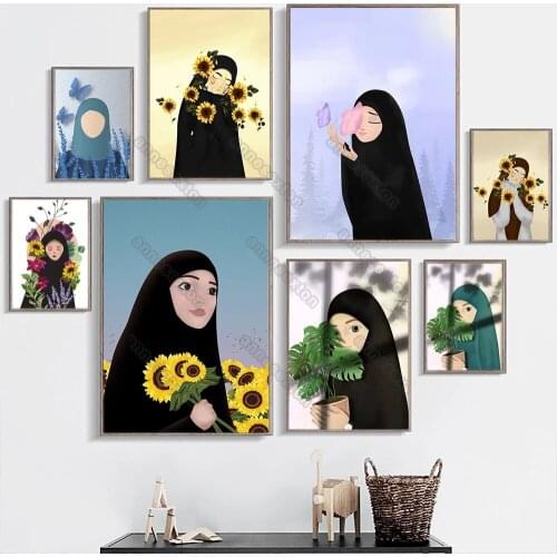 Nordic Style Canvas Painting Poster Vintage Abstract Girls with Black Gown Holding Flowers and Plants for Home Rooms Wall Decora