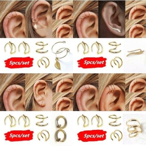 Fashion 5Pcs/Set No Pierced Ear Clip Cuff Wrap Earring Leaf Pendant Non-piercing Clip Earrings for Women Party Statement Jewelry