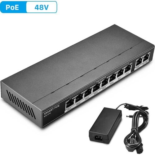 ANBIUX 802.3af/at 8CH POE Switch 10 Port 10/100 Mbps CCTV Switch 250 signal transmission 8 POE Ports 1 NVR+ 1 Uplink Port 123.2W